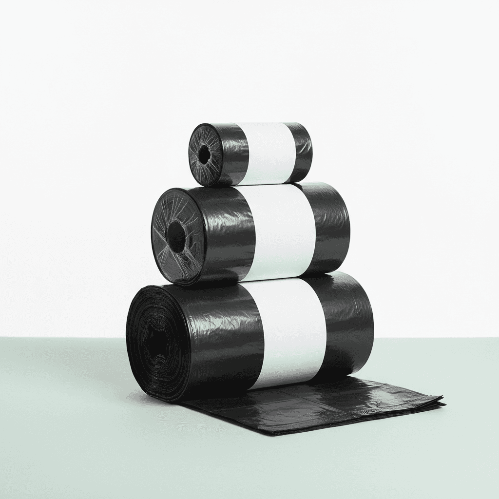 Heavy-duty waste bags arranged by size