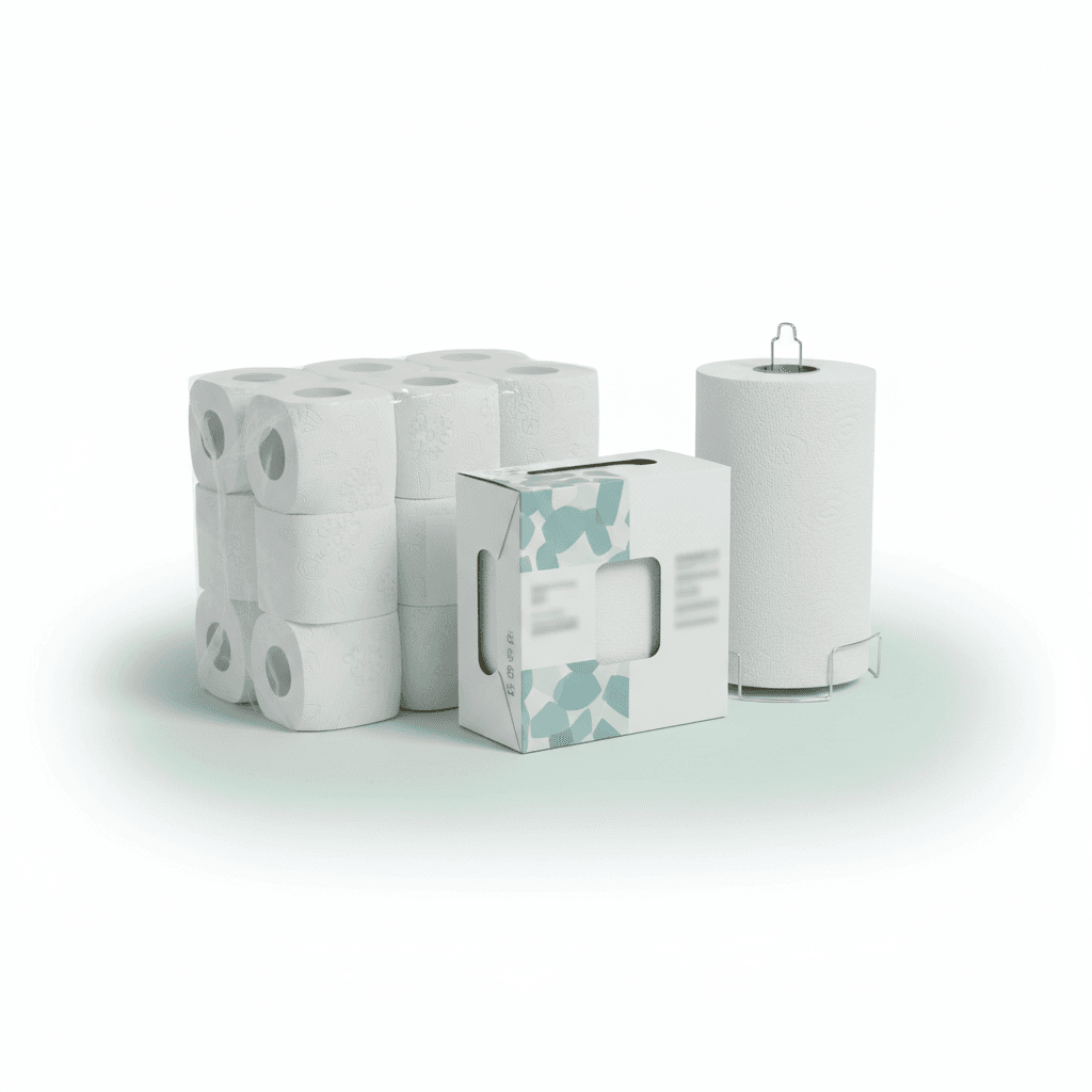 Stacked paper cleaning products (toilet paper + handtowels)