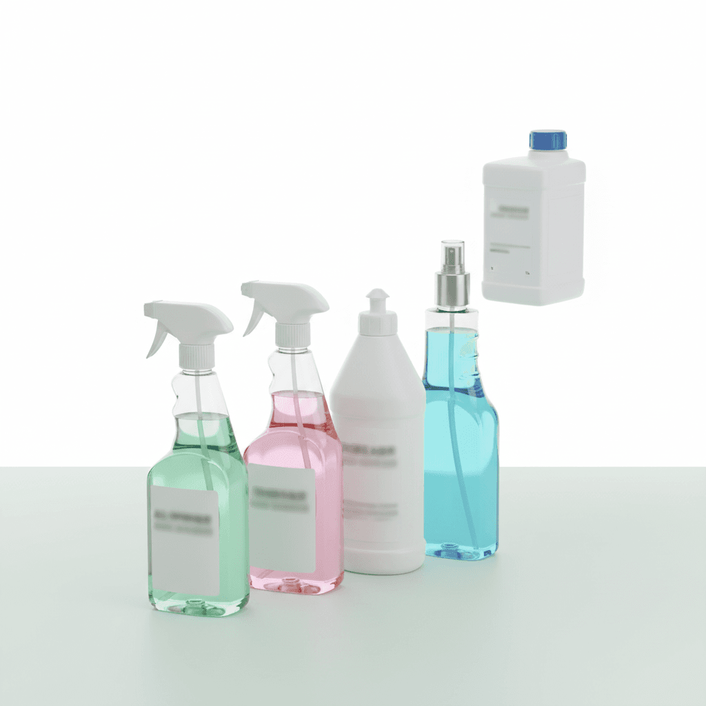 Lineup of professional cleaning chemicals
