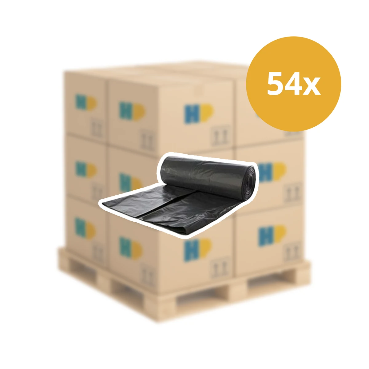 Pallet afvalzakken 60 L, 60×80 cm, T23, grijs — 27.000 zakken (54 dozen × 500)