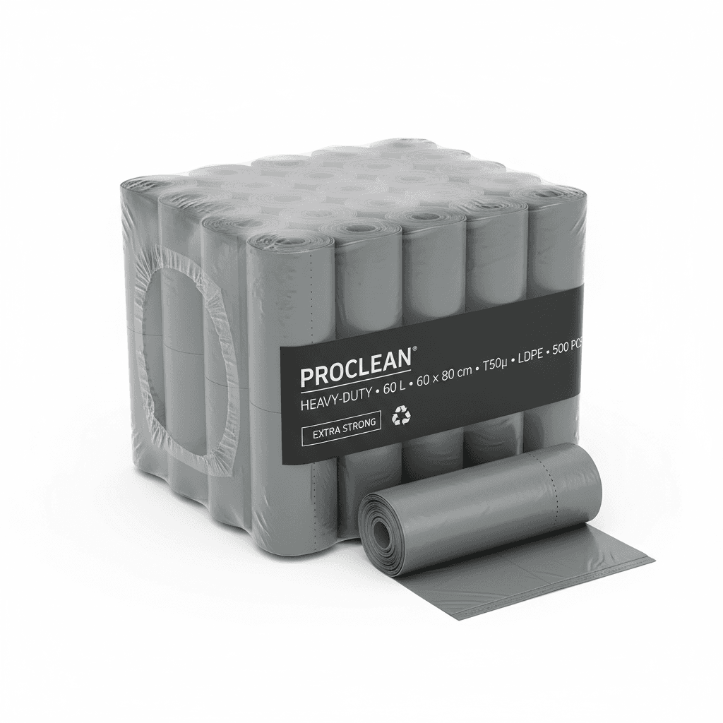 Afvalzak 60 L, 60×80 cm, T50 micron extra dik, grijs — pak à 500 stuks