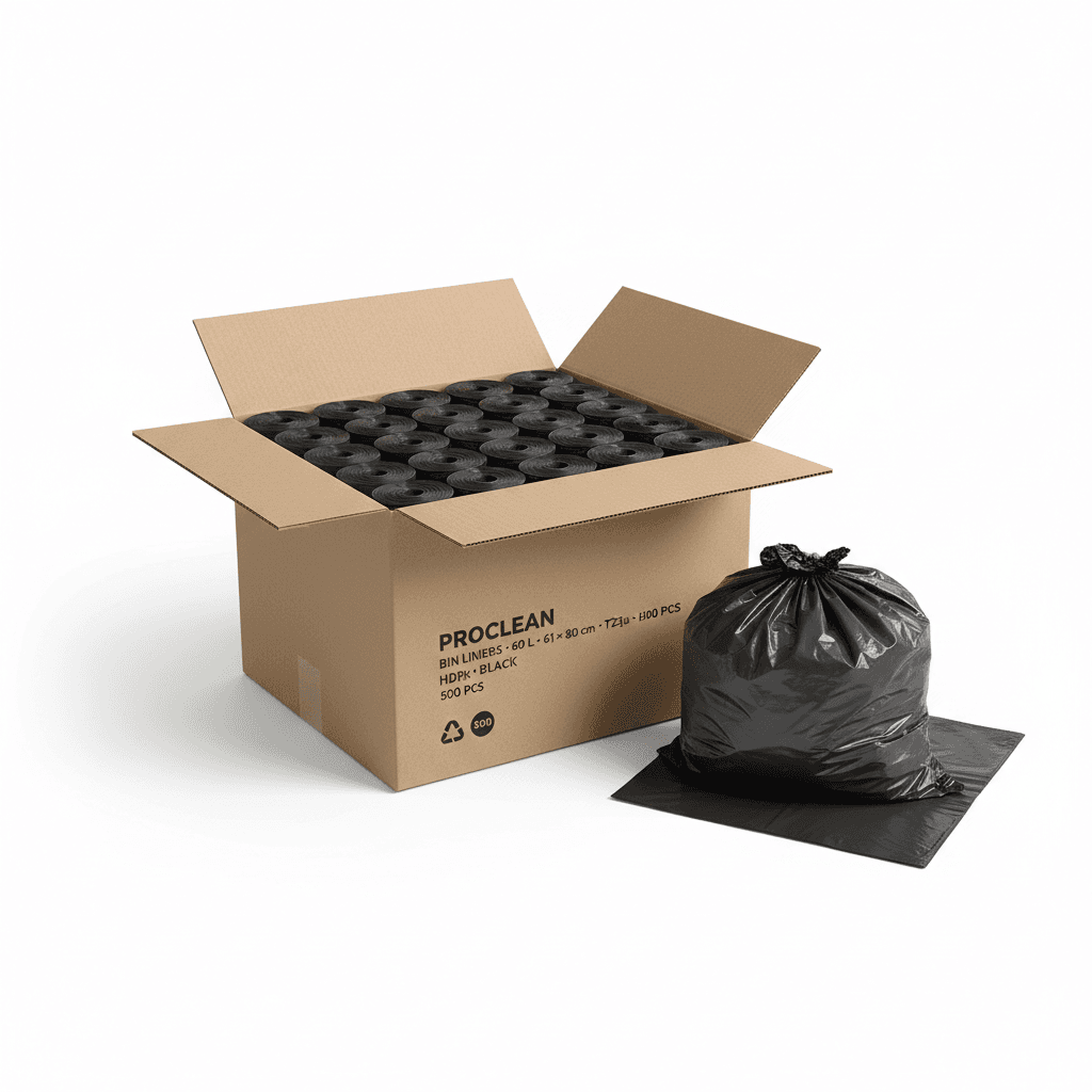 Afvalzak 60 L, 61×80 cm, T23 micron, zwart — omdoos à 500 stuks