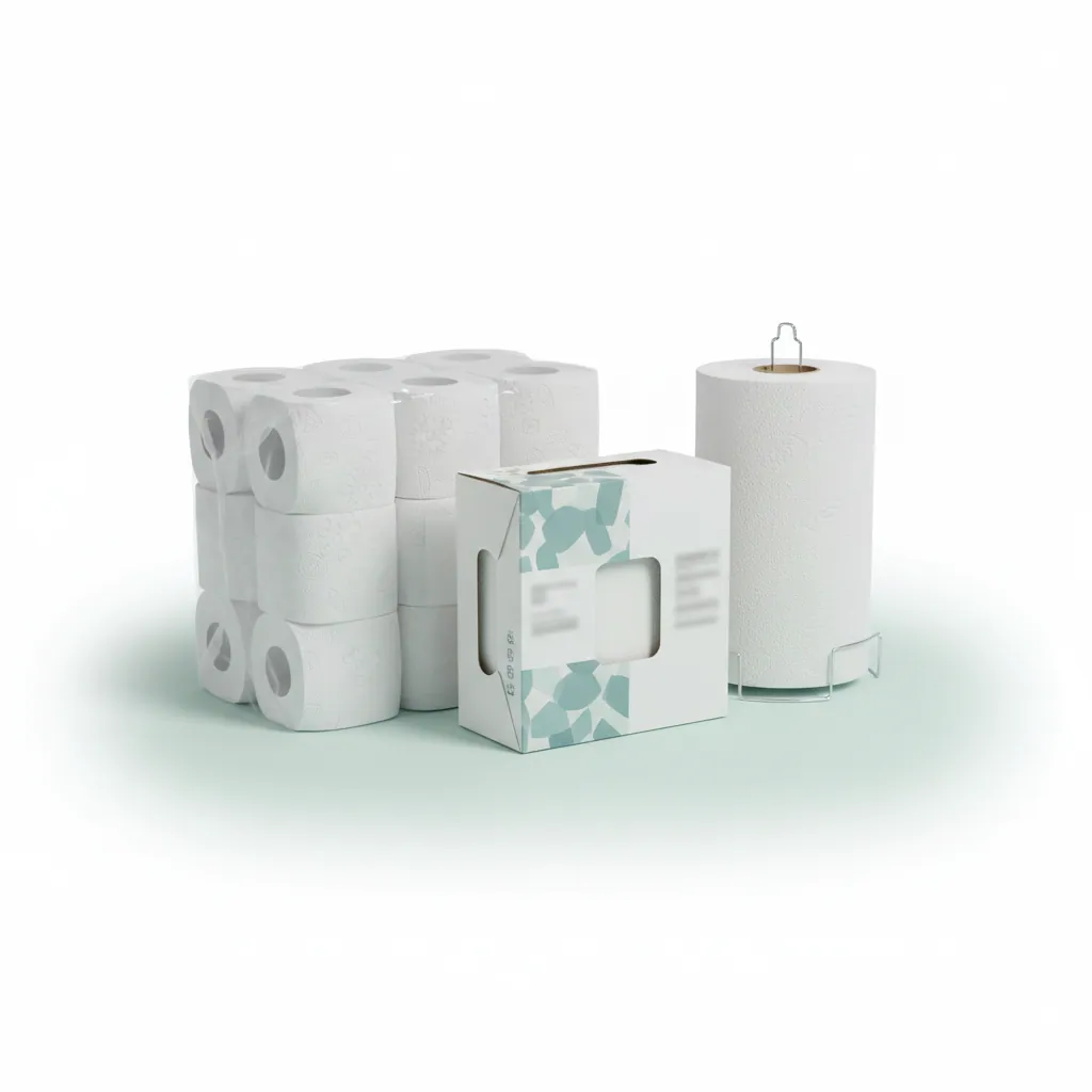 Stacked paper cleaning products (toilet paper + handtowels)