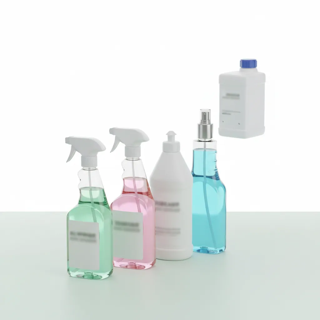 Lineup of professional cleaning chemicals